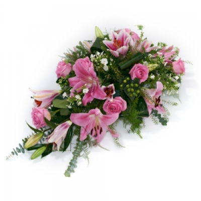 Single Ended Spray (Pink)  - Gorgeous pink single ended spray. A beautiful funeral tribute including pink lilies and pink roses. Please advise the florist of requested colour scheme if you would like to change it. 2ft $80 / 3ft $110