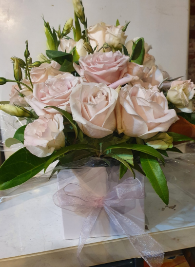 Strawberries & Cream - A beautiful collection of roses and lilies hand-tied and delivered in a gift bag or box.