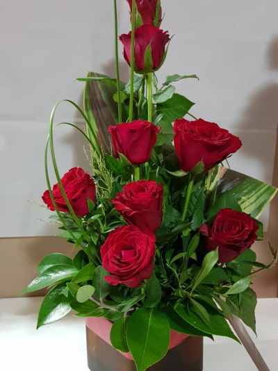 Attention - 6 Beautiful Columbian Roses presented in Front Facing arrangement. Your choice of lush green foliage or foliage with Baby's Breath
